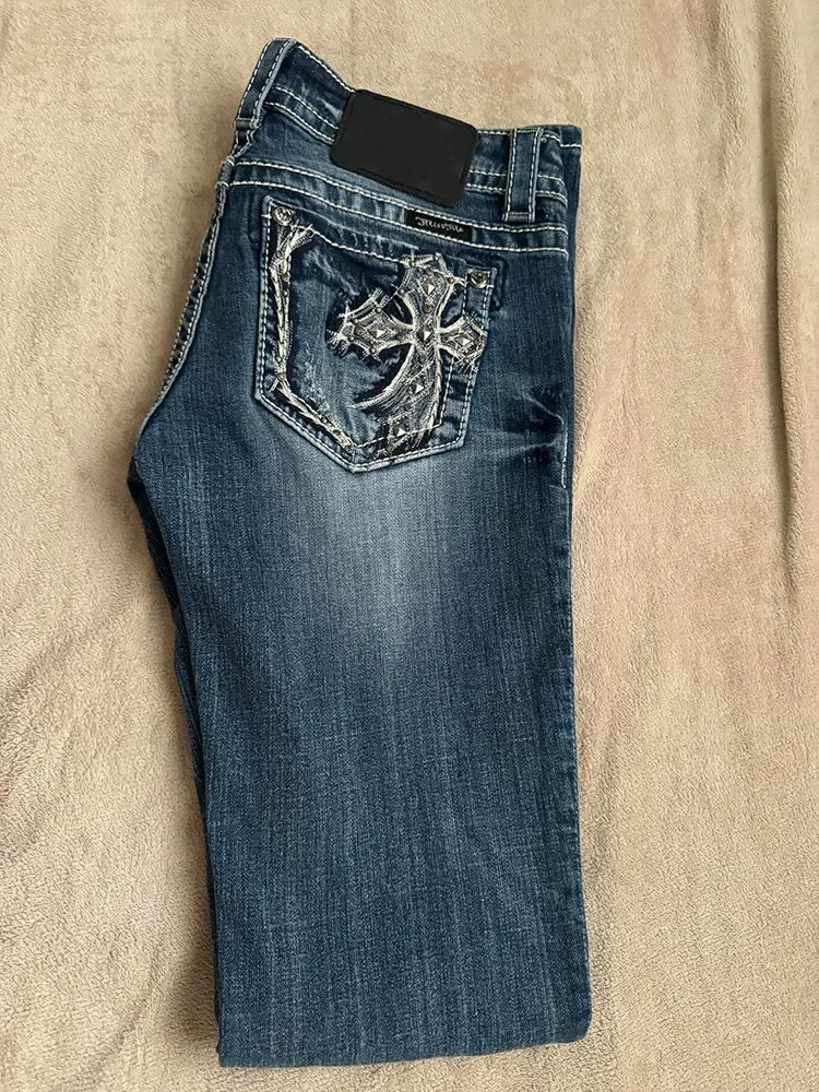 Gothic Embroidery High Waited Jeans Woman Street Harajuku Hip Hop Vintage Y2k Baggy Jeans Women Casual Black Jeans Pants Women