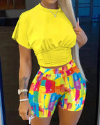 Casual O-neck Short Sleeve T-shirt Shorts Set Office Lady Summer Letter Print Tops Solid Shorts Two Piece Set Women Outfit 2024