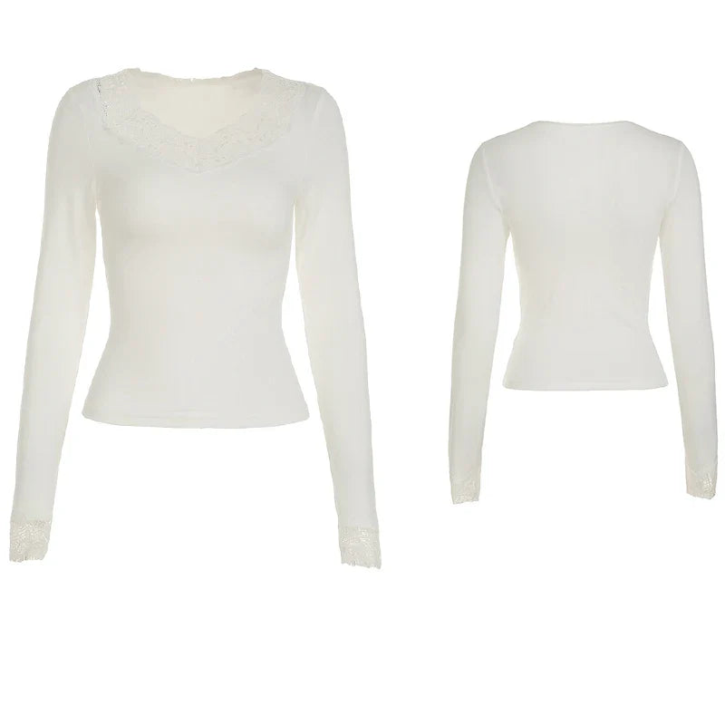 Cuteandpsycho Lace Patchwork Solid Slim Tee Shirts Long Sleeves V-neck Aesthetic Fashion Clothes Vintage Streetwear Black Tops