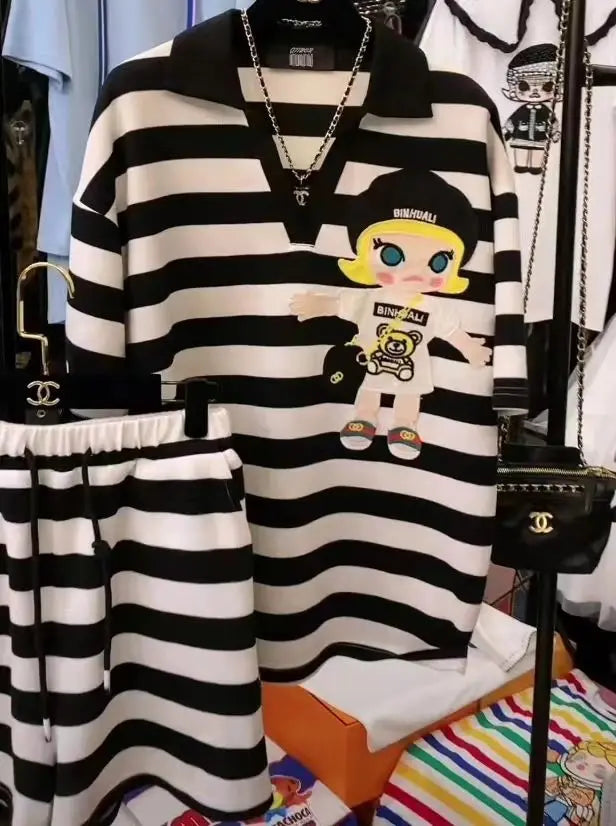 Casual Sports Striped Oversized Women's Clothing Summer Loose Turn-down Collar Pullovers Short Sets Elastic Waist Wide Leg Pants