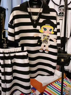 Casual Sports Striped Oversized Women's Clothing Summer Loose Turn-down Collar Pullovers Short Sets Elastic Waist Wide Leg Pants