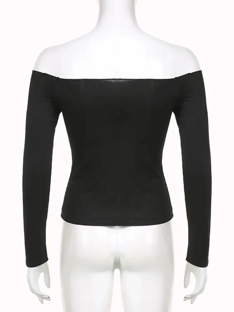 Black Solid Slash Neck Elegant Long Sleeve Tops Korean Fashion Slim Sexy Cropped T Shirt Women Fall Clothing