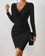 Elegant Black V-Neck Long Sleeve Mini Dress with Glitter Detail - Stretchy Polyester  Ruched Cocktail Party Gown for Women, Cock