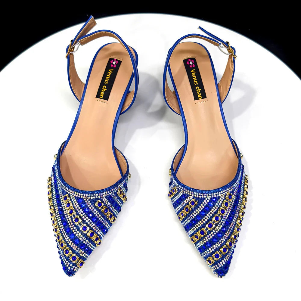 2025 Luxurious Italian Women's Party Shoes & Bag Set â€?Elegant Golden Rhinestone Spring/Summer Sandals with Pointed High Heels f