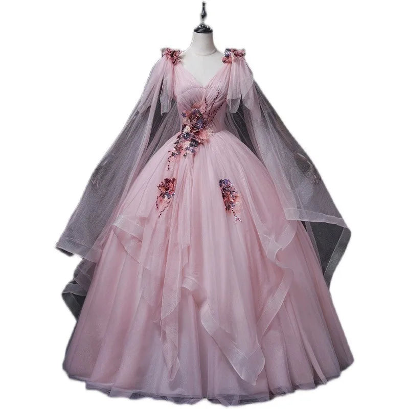 2025 New Women's Bean Paste Powder Mesh Long Evening Dress Fashion Glitter Bead Stickers Look Thin V-neck Back Strap Dress