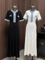 Elegant Denim Patchwork Knitted Long Dress Women Fashion V Neck Short Sleeved Buttons Bodycon Dresses Female White Pockets Robes