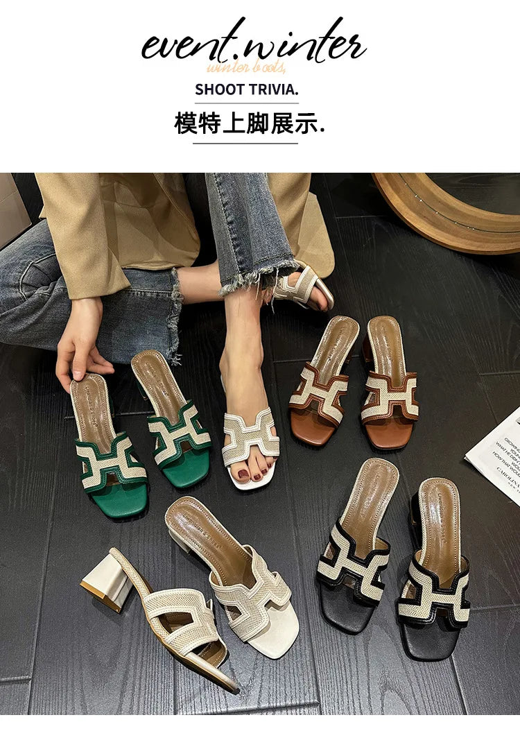 2025 Summer new arrival,fashion style grids high heel slippers for woman,thick heel outwear beach sandals for women