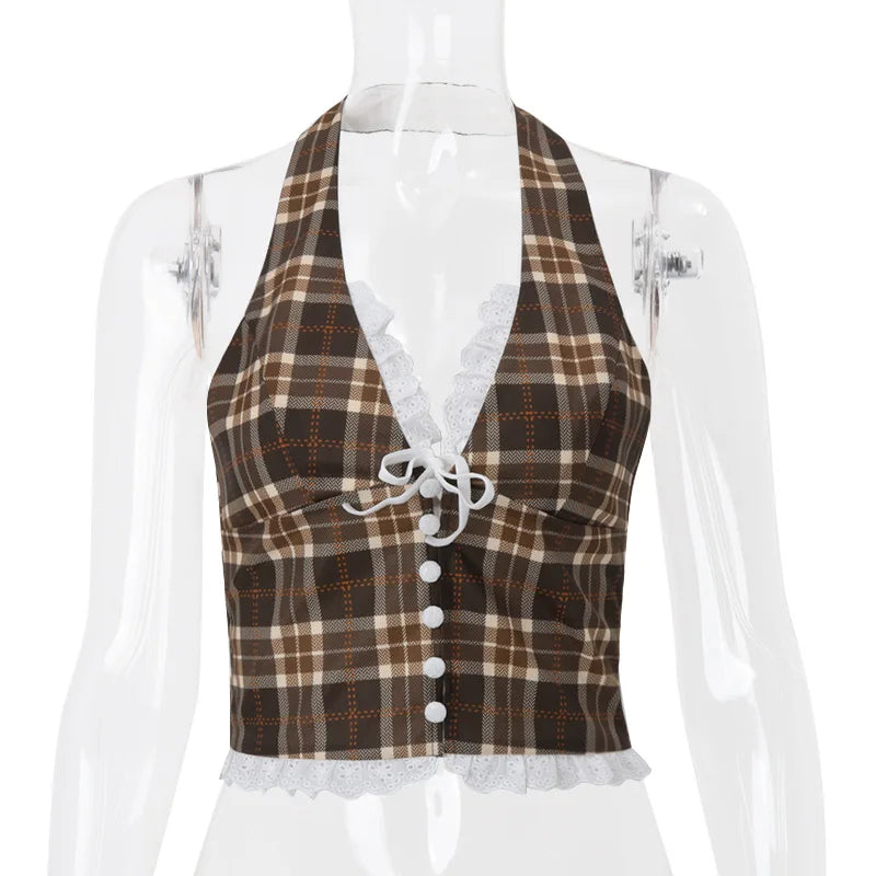 Candyhot Plaid Vintage Lace French Style Halter Crop Tops Retro Backless Sleeveless V-neck Slim Tops Casual Streetwear Camisole