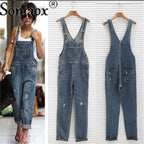 Casual Streetwear Hole Denim Jumpsuits Women 2024 Loose Suspenders Pocket Long Pants Waistline Straight Jeans Rompers