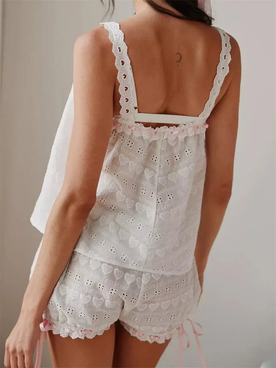 Cute Women Pajamas Set 2 Pieces Loungewear Suits Y2K Lace Drawstring Sleeveless Cami Tops and Shorts Sleepwear Outfits