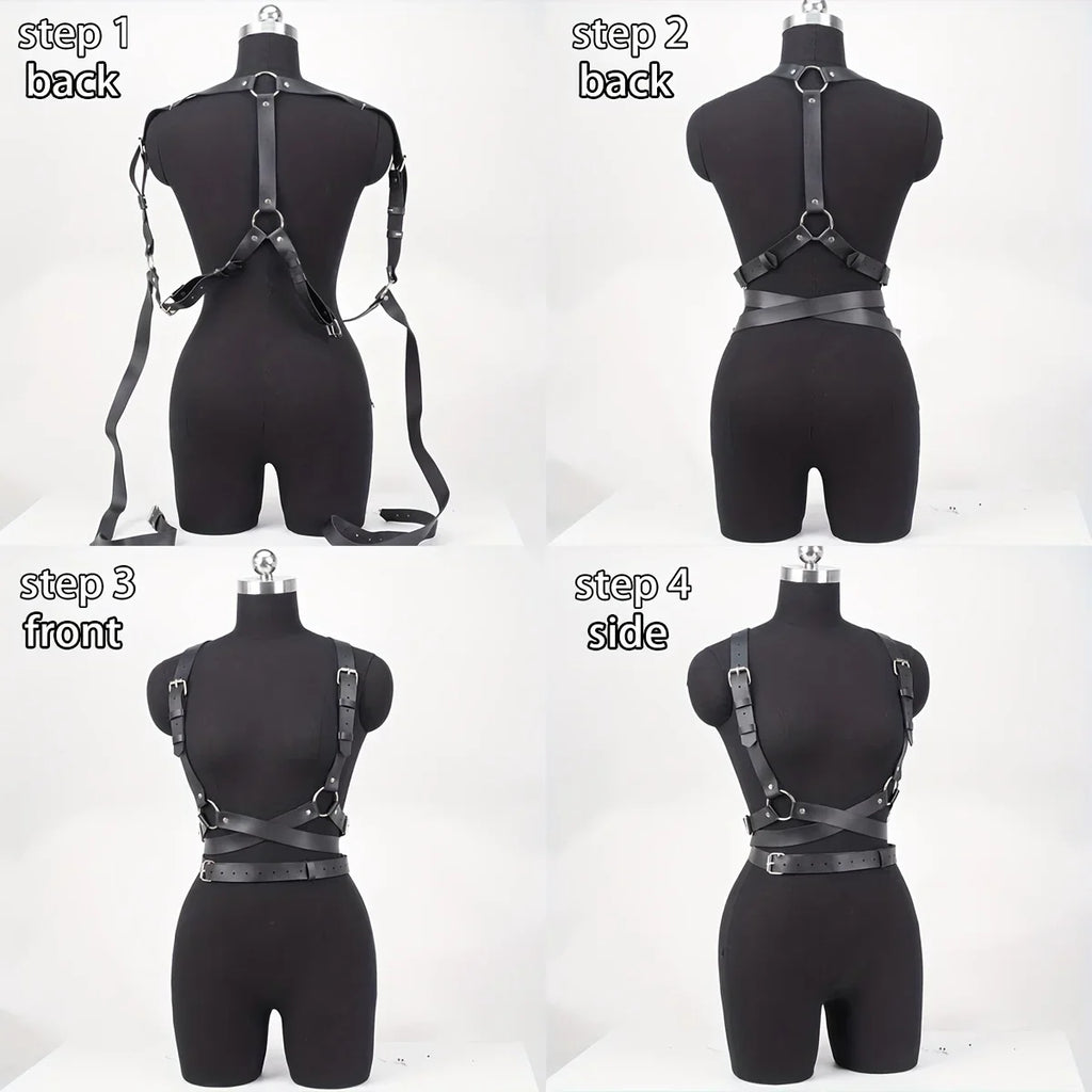 Adjustable Women's Gothic Punk Faux Leather Belt Perfect Waist and Chest Charms for Holiday and Casual Wear