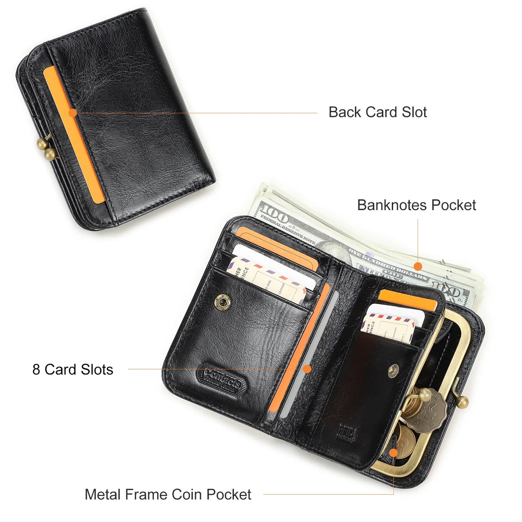 CONTACT'S Genuine Leather Short Wallets for Women Kiss Lock Classic Wallet Metal Frame Coin Purses Card Holder Money Clip Bags