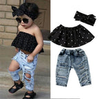 0-36months Baby Girls Summer Outfits Off Shoulder Polka Dot Tops + Ripped Jeans + Bow Headband Girls Casual 3pcs Set