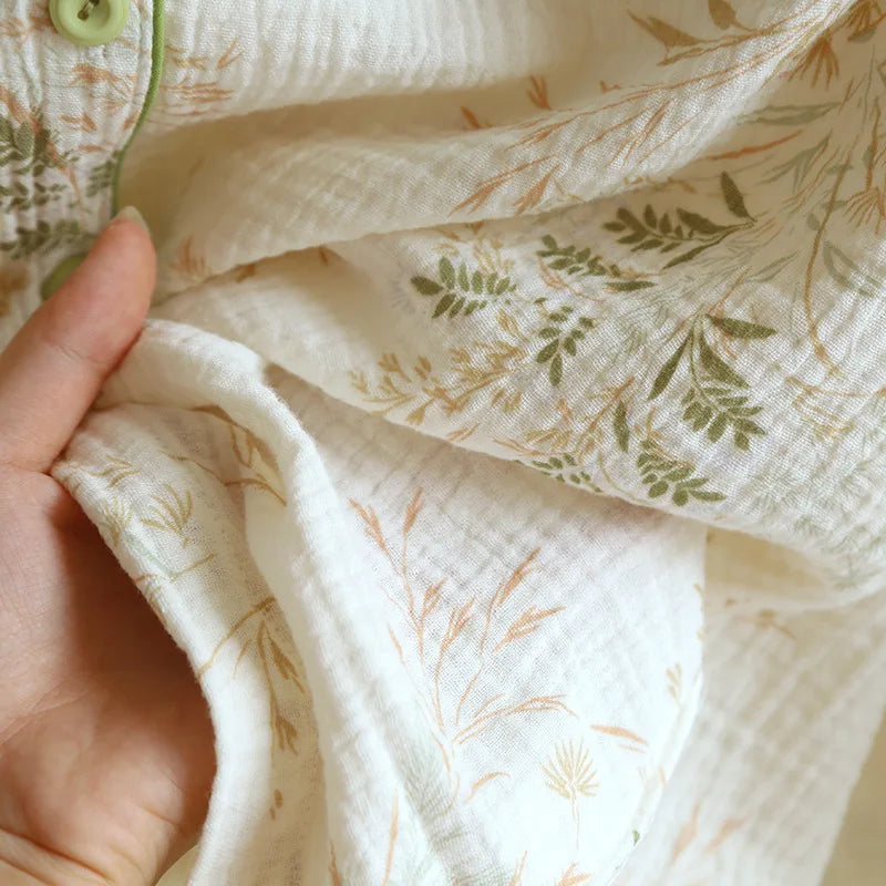 2025 New Spring and Autumn Women's Pajama Set 100% Cotton Crepe Printed Long Sleeve Pants Two Piece Home Suit Set Sleepwear