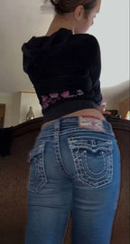 Buddha Statue Pocket Embroidery Low Waist Jeans Hip-hop Punk Street Fashion Washed Casual Jeans Women's Clothing