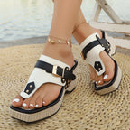 2025 plus-size fashionable summer new height-increasing thick-heeled metal buckle slippers with a one-shoulder beach flip-flops