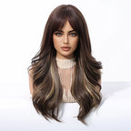 Brown Blonde Highlights Wigs Medium Length Wavy Synthetic Wig With Bangs Natural Body Wave Hair For Women Daily High Temperature