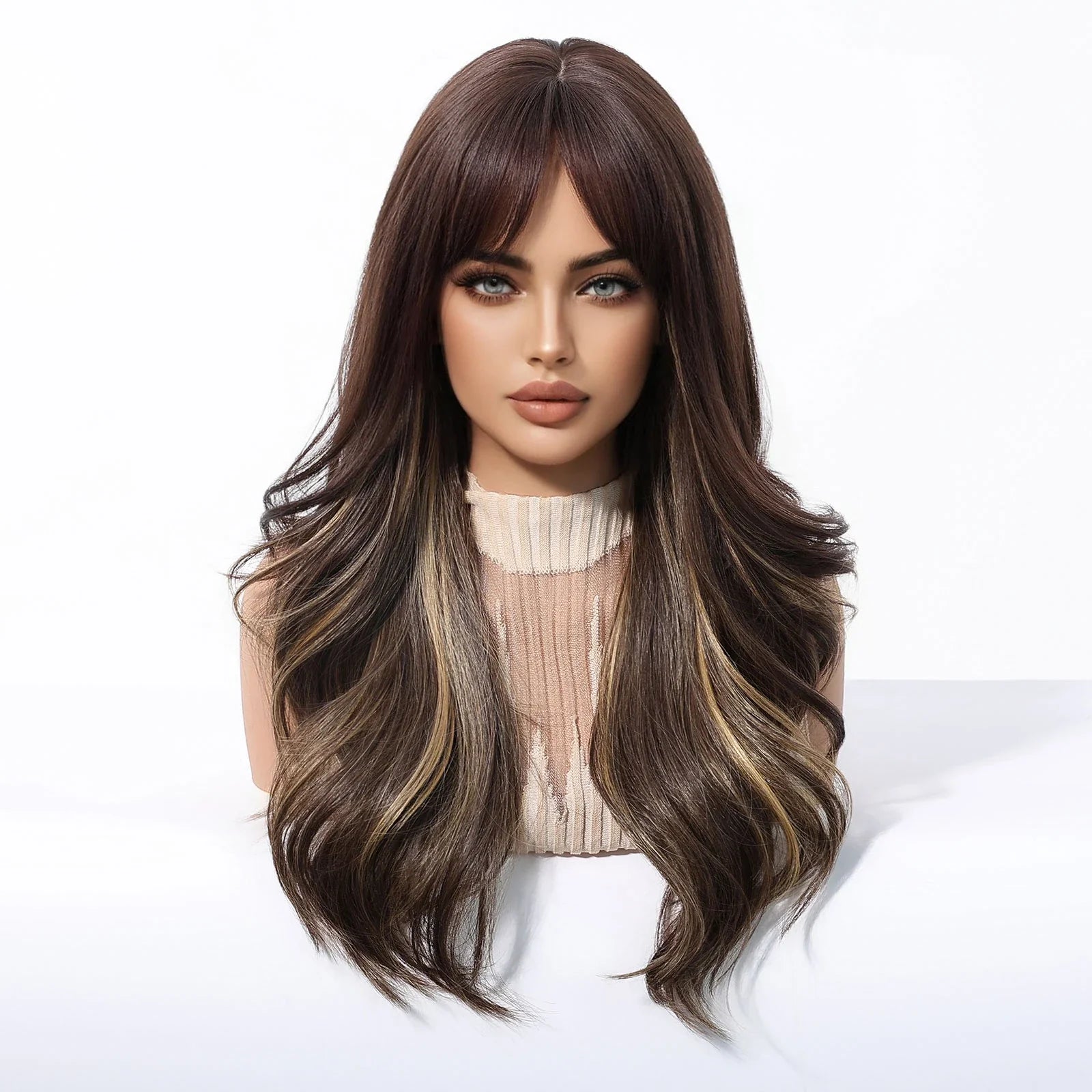 Brown Blonde Highlights Wigs Medium Length Wavy Synthetic Wig With Bangs Natural Body Wave Hair For Women Daily High Temperature