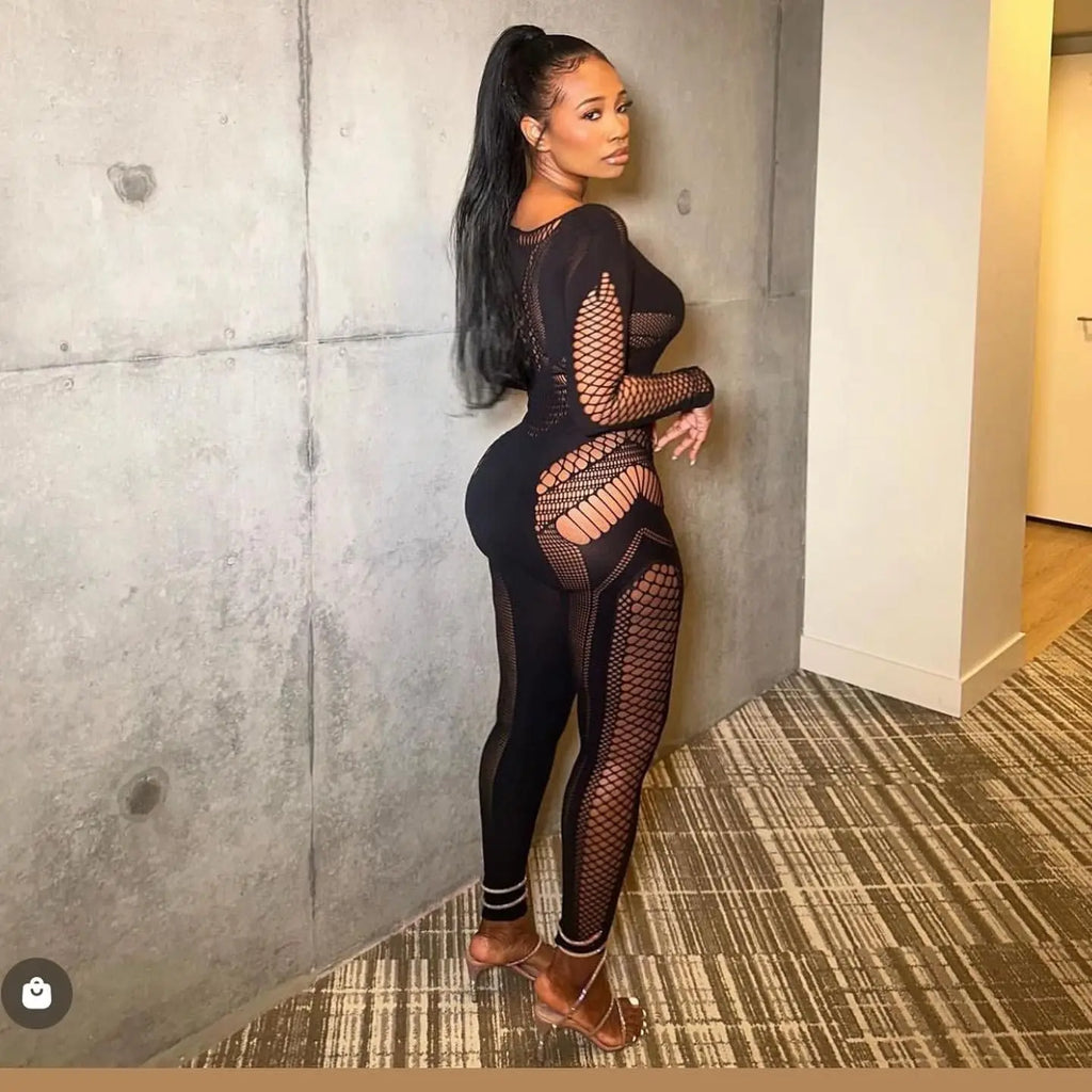 Articat Sexy Knitted Hollow Out One Piece Pajama Tight Seductive Jumpsuit Women Elastic Slim Pencil Pants Party Night Clubwear