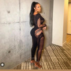 Articat Sexy Knitted Hollow Out One Piece Pajama Tight Seductive Jumpsuit Women Elastic Slim Pencil Pants Party Night Clubwear