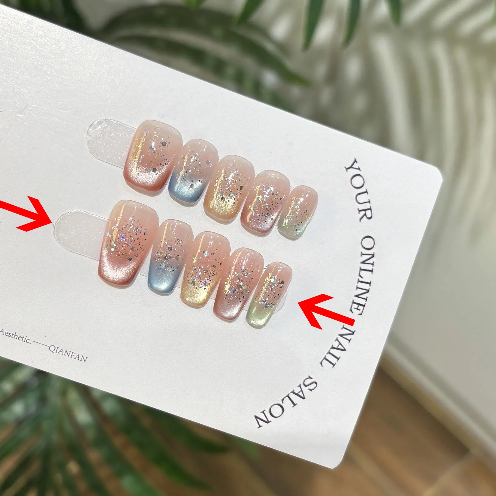 10pcs Handmade Fake Nails with Sticky Tabs Summer multicolor French Cat Eye Beautiful press on Nails Medium Short Stick-on Nails