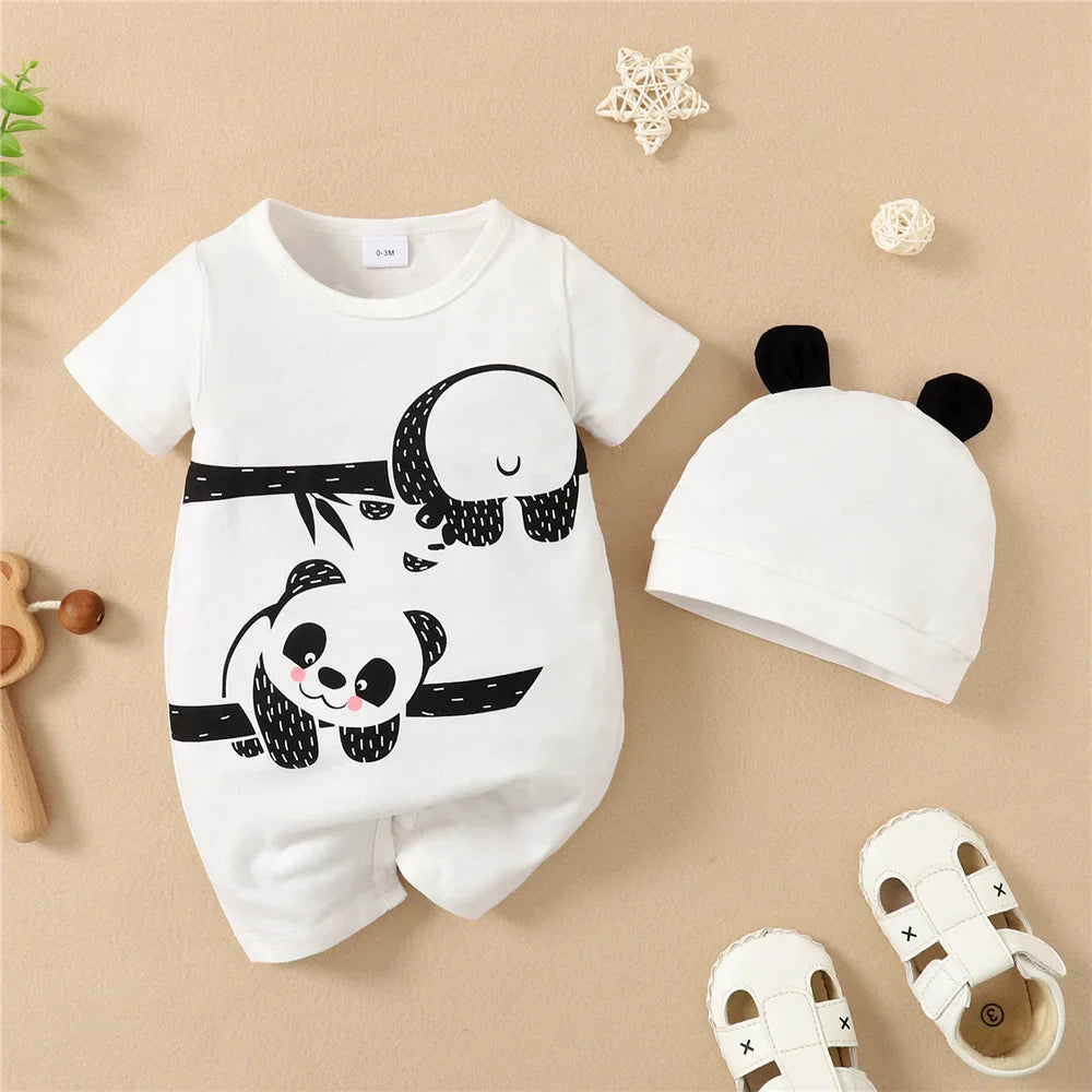 0-12Months Newborn Baby Boy Romper Animal Panda Bear Short Sleeve Jumpsuit + Hat 2PCS Infants Clothes Summer Fashion Bodysuit