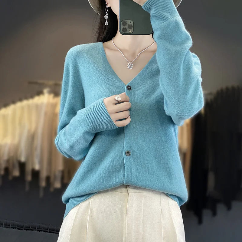 100 Merino Wool Knitted V-neck Sweater Women's Top Loose Korean Version Fashionable Versatile Autumn And Winter Cashmere Sweater