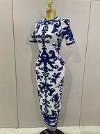 2025 New Sexy Short Sleeve Jacquard Blue Bandage Bodycon Long Dress Women Celebrity Elegant Evening Club Party Luxury Dresses