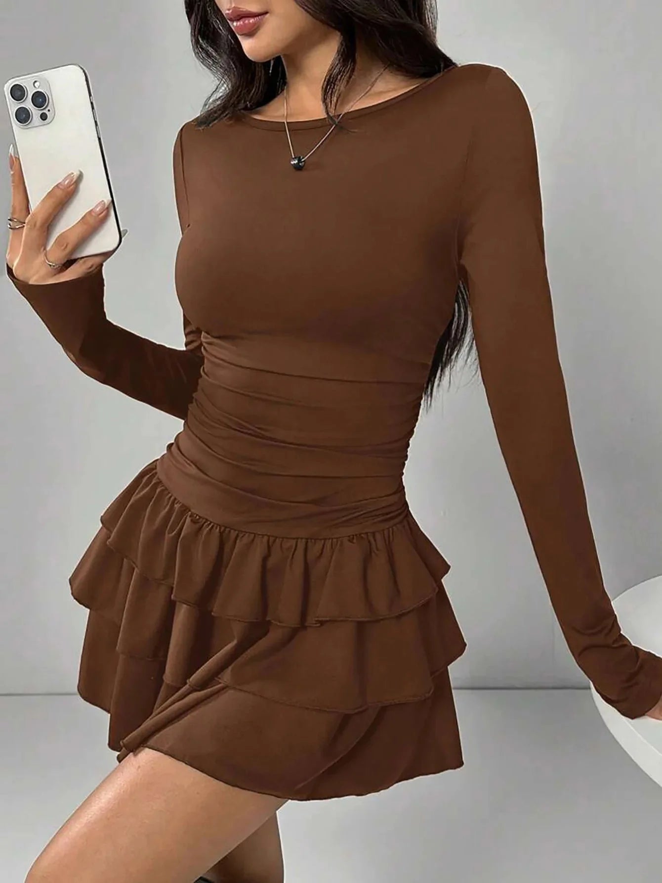 2025 Autumn Solid Slim Fit Cascading Ruffles Mini Dress Winter Women Elegant Flare Sleeve High Waist Sexy Party Bodycon Dresses