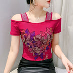 Aoxison Summer Short Sleeved Women's T-Shirt Elegant Slim Shiny Love Heart Diamonds Mesh Tops Chic Girl Sexy Off Shoulder Tees