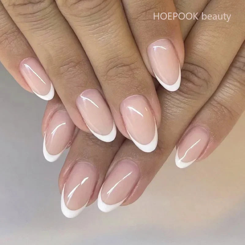 24pcs Nude French Fake Nails White Edge Almond False Nails Art Full Coverage Removable Waterproof Artificial Press on Nail