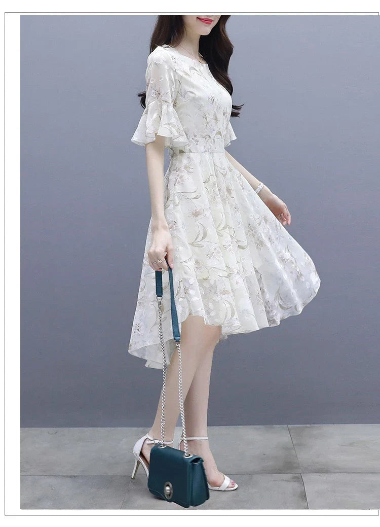 Ele Summer  Women's Midi Dr ang Hai Sle Sweet Princ round Ne ort Sve A-Line Skirt Printed Chiffon Dr