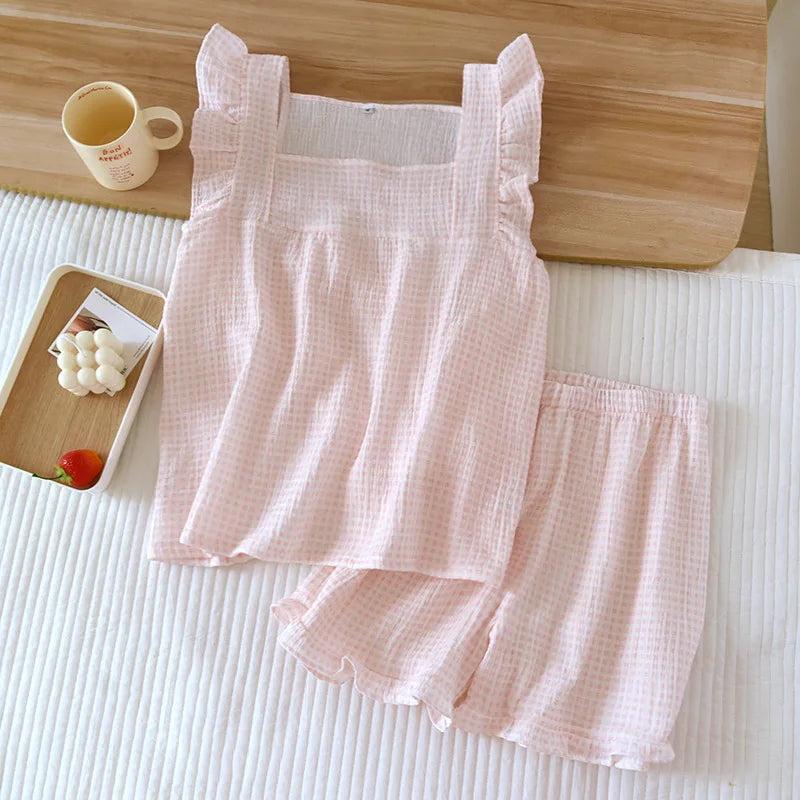 2025 Japanese summer new women's pajamas suit short-sleeved shorts two-piece 100% cotton crepe simple checked thin home clothes