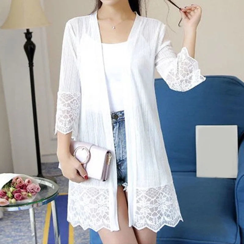2023 Spring Summer Sun Protection Clothing Women Lace Cardigan Loose Tops Women Flare Sleeve Coat Jacket Shirt Ladies Mesh Shawl