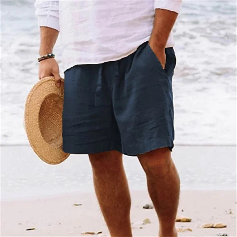 2025 New Summer New Men's Cotton Linen Breathable Shorts Hawaii Beach Pants Male Solid Color Trousers Loose Versatile Streetwear