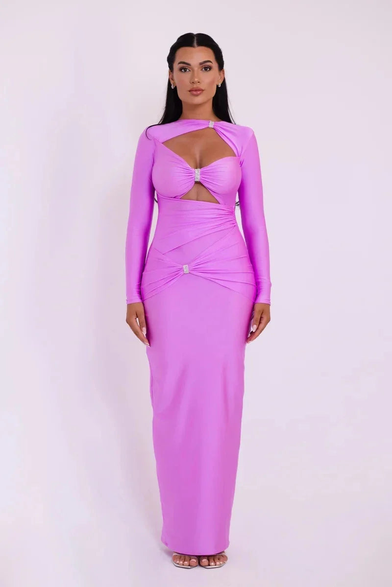 Articat Sexy Hollow Out Long Sleeved Elastic Tight Dress Women Pleats Double Layered Female Vestidos Elegant Party Evening Dress