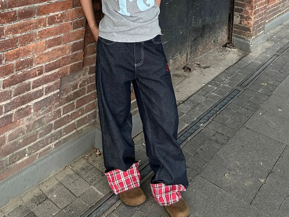 American retro plaid patchwork rolled edge women jeans high street Harajuku loose wide leg straight leg men and women pants