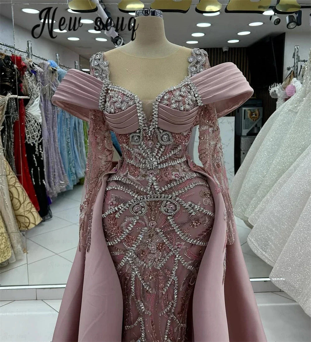 Blush Pink Long Sleeve Evening Dress With Detachable Train Women Arabic Wedding Engagement Party Gowns Lace Beaded Customized