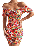 All-over flower print ruffled lace-up one-shoulder sexy high-elasticity slim-fitting dress mini skirt
