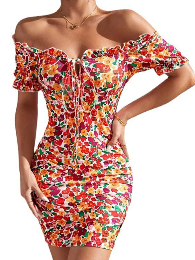 All-over flower print ruffled lace-up one-shoulder sexy high-elasticity slim-fitting dress mini skirt