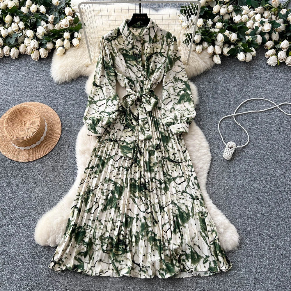 Chic vintage long sleeve turn-down collar button pleated Elegant Fairy korean fashion Boho women clothing Long dress