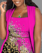 3Pcs Womens Outifits 2025 Summer Fashion Contrast Leopard Print Sleeveless Crop Tank Top & Drawstring Shorts with Vest Coat