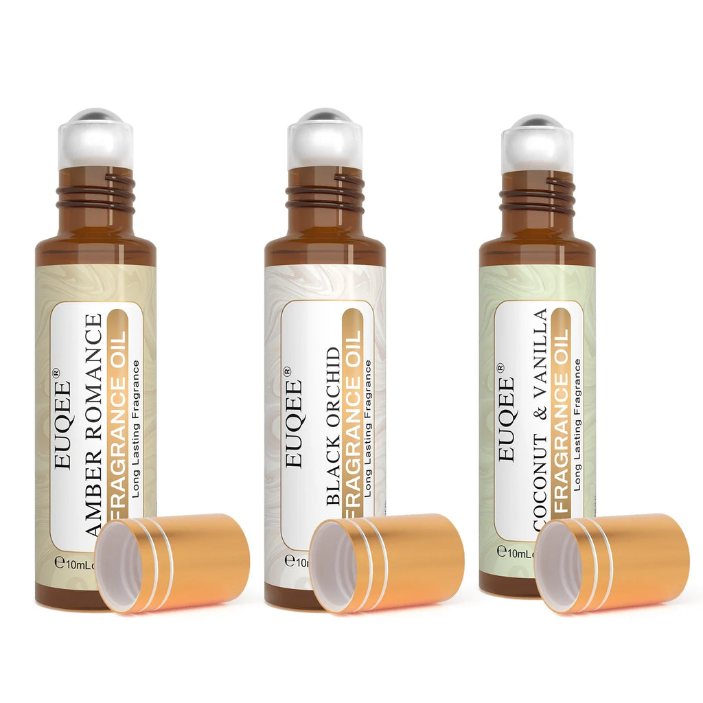 EUQEE 3PCS Fragrance Oils Roll-On Long Lasting Scent Coconut & Vanilla White Musk Baby Powder Fresh Linen Oud Wood Amber Romance