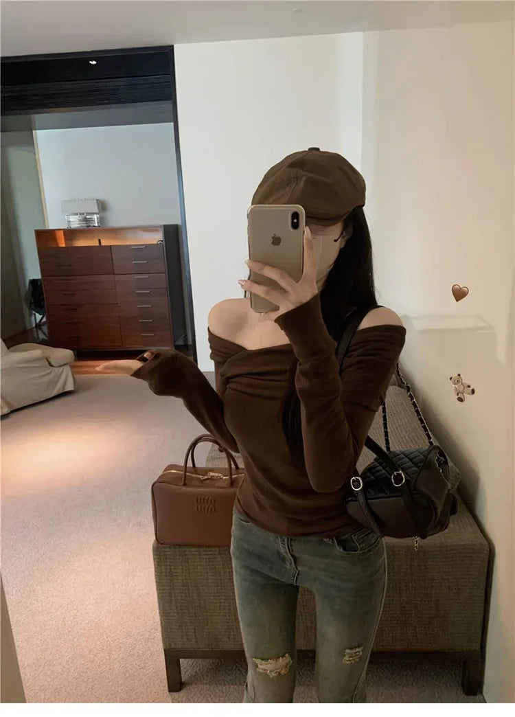 Elegant Off-Shoulder Long Sleeve Knitted Top For Women 2023 Autumn Slimming Smooth Base Layer T-Shirt Polyester Fiber Full Sleev