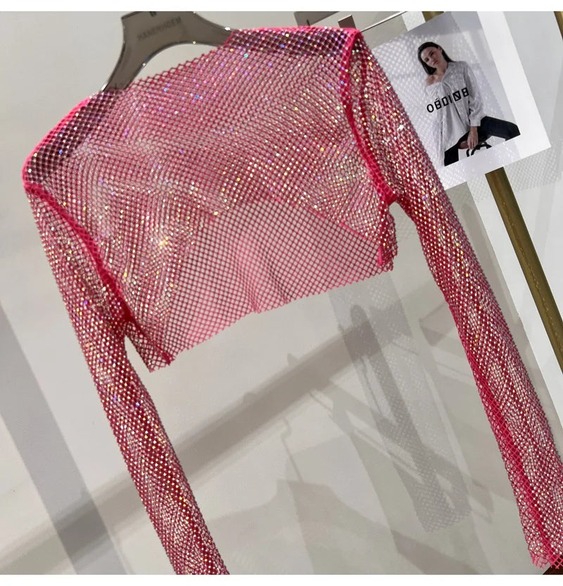 2023 new sexy bright diamond short top Slim thin Ms. hot drill long-sleeved T-shirt sexy leak waist nightclub