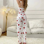 Autumn Winter Sleepwear Heart Print Sleeveless Cami Vest with Long Pants Trouser Set Pajamas Sets Women Sexy Lingerie Pyjamas