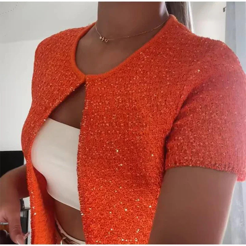 Elegant Sequined Orange Cardigans Women Y2k O-neck Short Sleeve One Button Female Tops 2025 Street Summer Lady Chic Knitwear