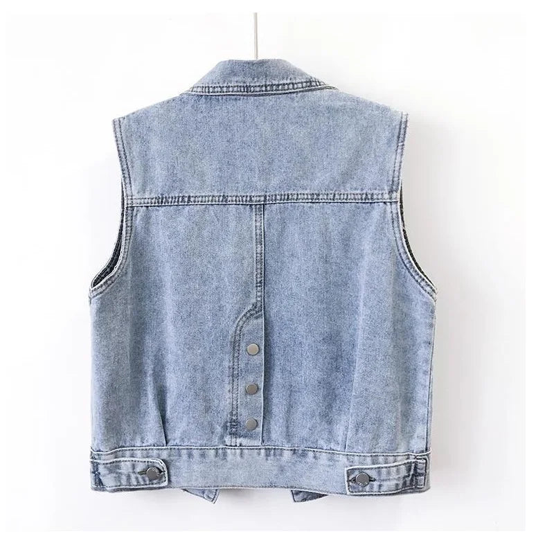 2024 Fashion Design Sequins Denim Vest Summer Autumn Women's Waistcoat Korean Leeveless Denim Jeans Jacket Female Vest Tops