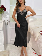 2cs Contrast Lace  Long Sleeve Belted Robe V Neck Slip Dress Sexy Elegant Women Pajamas  Sets