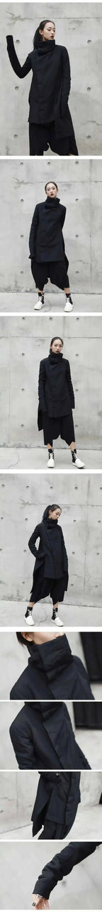 EAM 2024 New Fashion Winter Stand Collar Irregular Long Type Black Cotton-padded Clothes Loose Coat Black Jacket Woman YA771